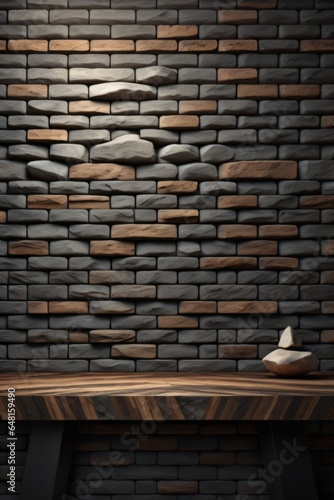 a wooden table with background brick wall made with Generative AI