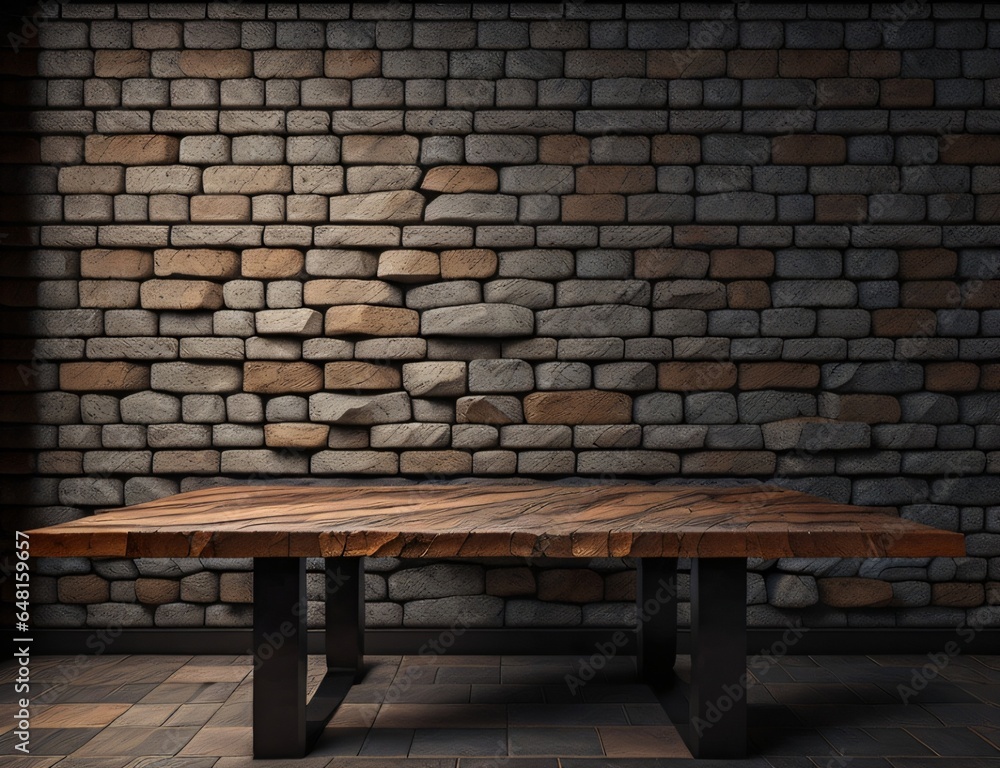 a wooden table with background brick wall made with Generative AI a wooden table with background brick wall made with Generative AI