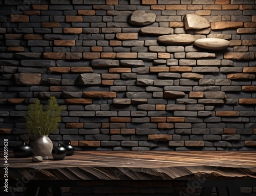 a wooden table with background brick wall made with Generative AI