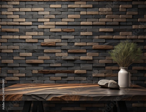 a wooden table with background brick wall made with Generative AI