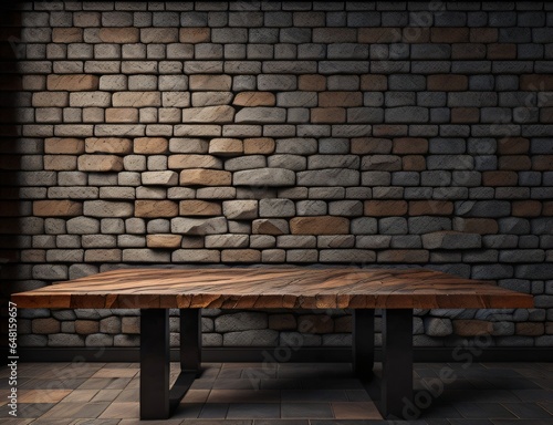a wooden table with background brick wall made with Generative AI