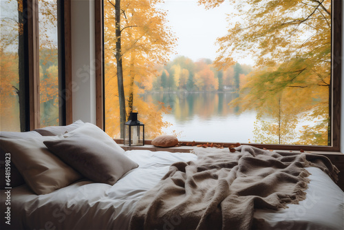 autumn view with golden leaves through the window of a bedroom
