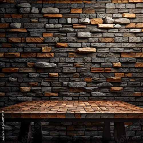 a wooden table with background brick wall made with Generative AI