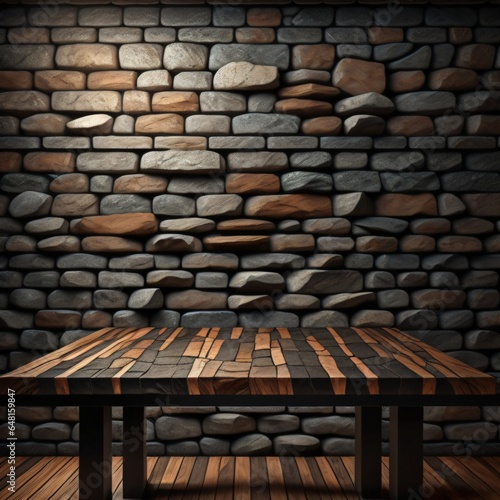 a wooden table with background brick wall made with Generative AI