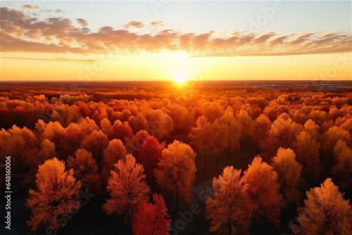 Autumn forest trees with orange leaves on a sunny day, view from above