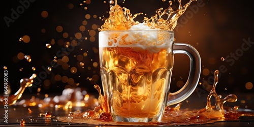 AI Generated. AI Generative. Beer glass mug cup with ice splash on wooden bar pub table. Mock up inspiration. Graphic Art