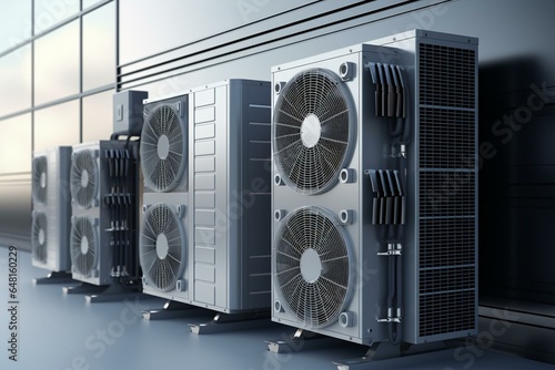 Air conditioning units combined for multi-system use. 3D render. Generative AI photo