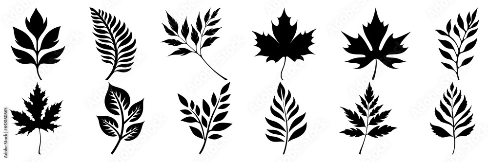 Leaf plant silhouettes set, large pack of vector silhouette design, isolated white background