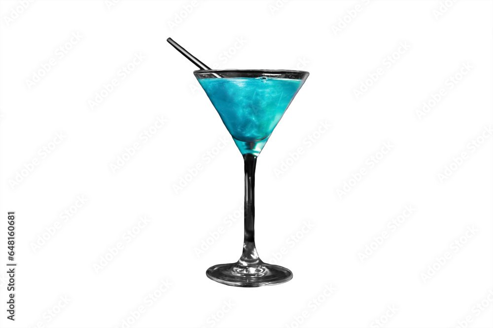 A martini glass with a blue alcoholic beverage and a straw on a white isolated background