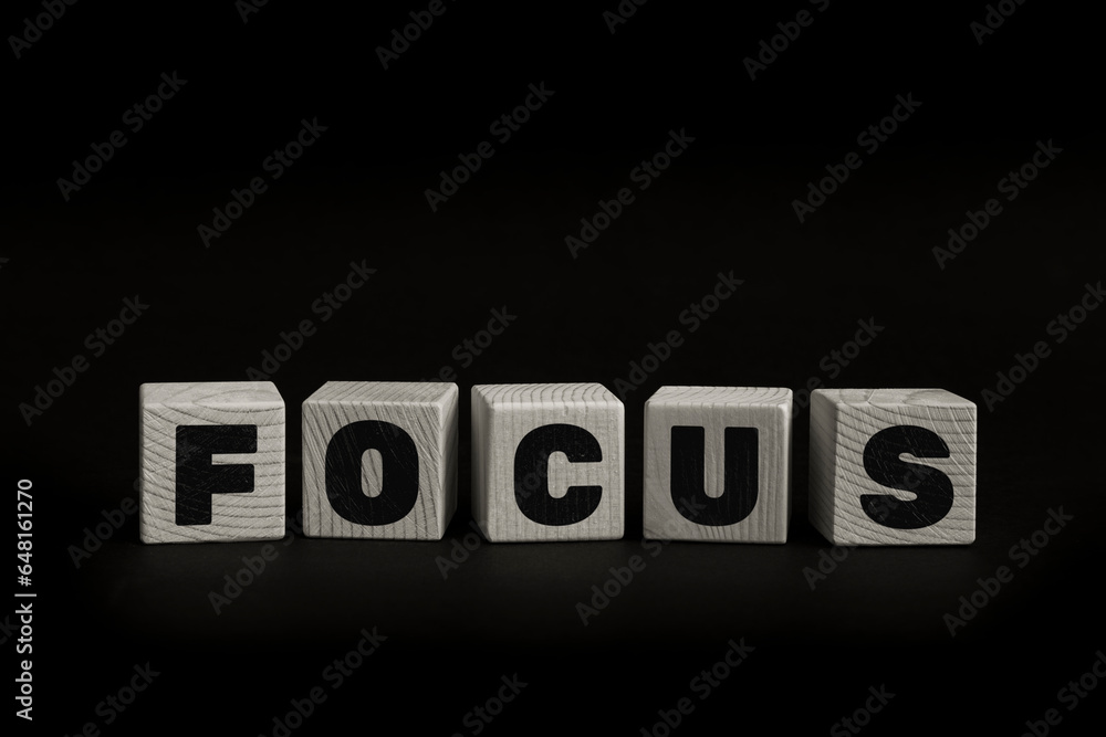 Obraz premium Word FOCUS written with wooden cubes. Studio shot of some arranged wooden blocks with a textual message.