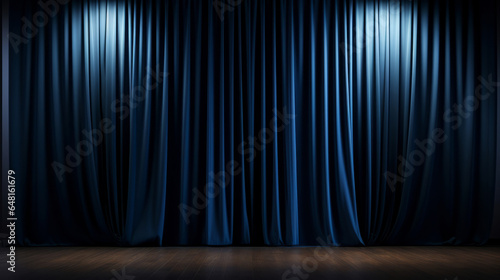Empty theater stage with blue velvet curtains. Spotlight showtime copy space