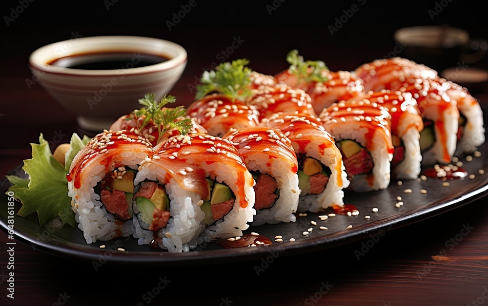 sushi roll on a plate ,artwork graphic design illustration.
