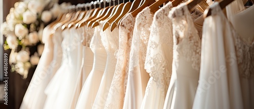 White women clothes on hangers on rack in fashion store. wedding dresses closet ,artwork graphic design illustration.