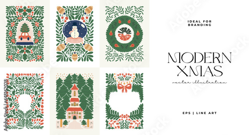 Merry Christmas and Happy New Year illustration. Modern trendy Matisse minimal style. Hand drawn design for wallpaper, wall decor, print, postcard, cover, template, banner.