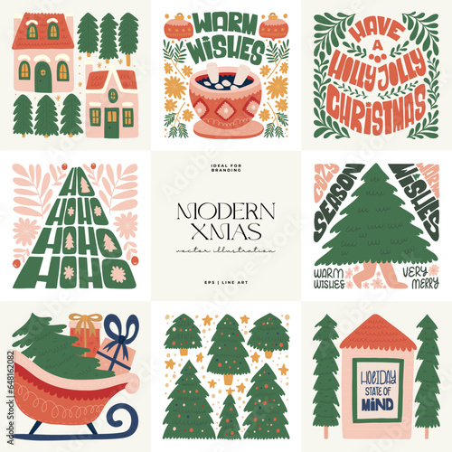 Merry Christmas and Happy New Year illustration. Modern trendy Matisse minimal style. Hand drawn design for wallpaper, wall decor, print, postcard, cover, template, banner.