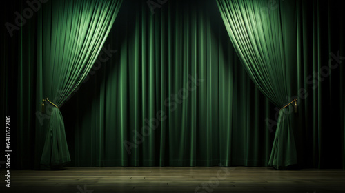 Empty theater stage with green velvet curtains. Spotlight showtime copy space