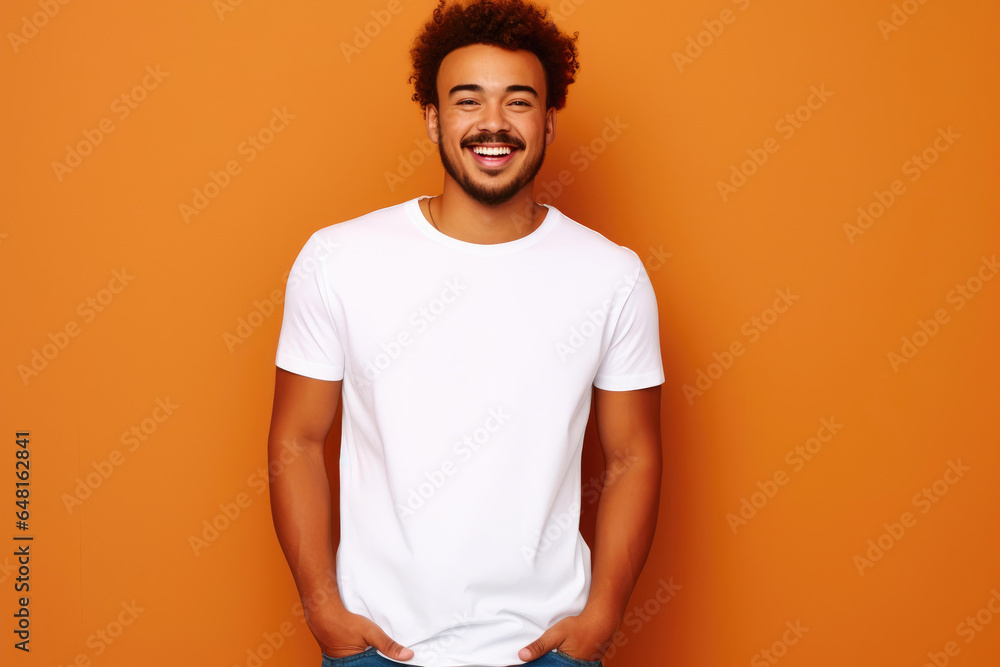 Optimistic Multiethnic Man in White T-Shirt, Colorful Background Optimistic Multiethnic Man in White T-Shirt, Colorful Background
