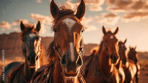 Close-up of several curious and beautiful horses, wearing harnesses, gazing at the camera, against the backdrop of a picturesque sunset and a tranquil blue sky. © DenisNata