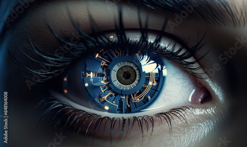 Abstract cyberpunk mechanical eye. Sci fi fantastic image created by Generative AI