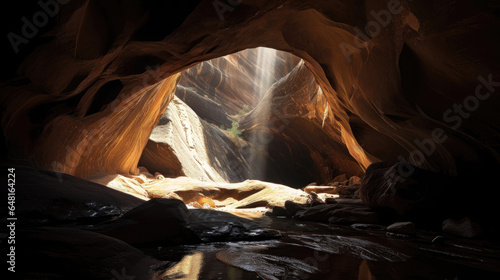 STriking rock formation in canyon cave with light rays through dust