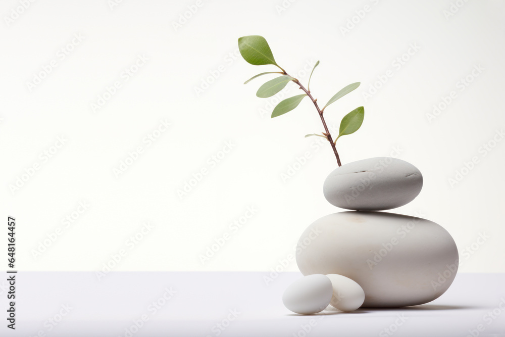 A stack of white stones and a branch of bamboo on a white background. Advertising spa concept. A stack of white stones and a branch of bamboo on a white background. Advertising spa concept.