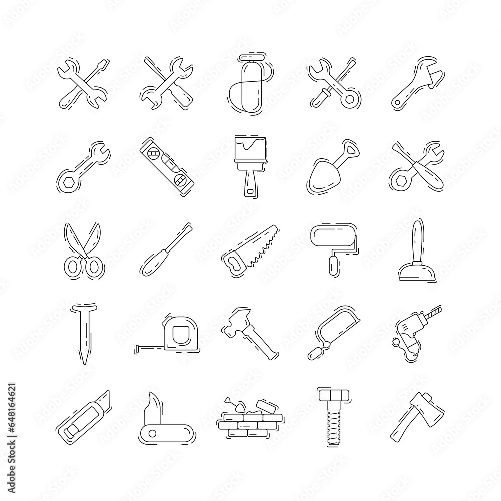 Construction tools thin line icon set with ax, hammer, wrench Construction tools thin line icon set with ax, hammer, wrench