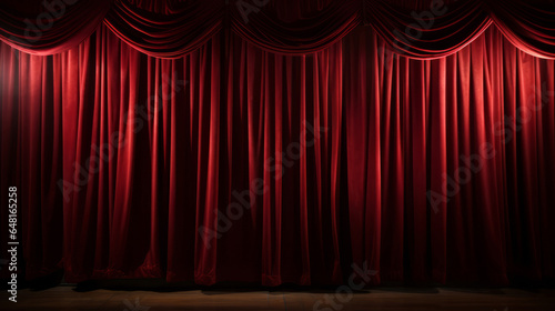 Empty theater stage with red velvet curtains. Spotlight showtime copy space