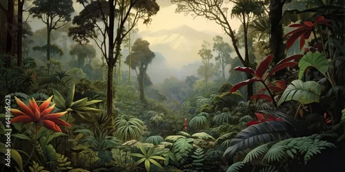Obraz Egzotyczny, tropikalny las deszczowy, dżungla; zielony świeży krajobraz.