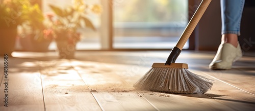 Woman cleaning floor with broom and dust pan in close up photo