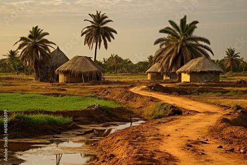 Scenic Senegal countryside with traditional mud huts featuring palm-leaf thatched roofs. Generative AI