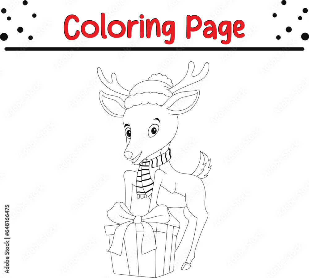 Christmas deer Coloring page for kids. Merry Christmas Black and white vector illustration for coloring book.
