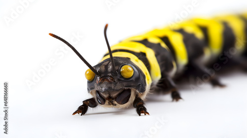 Yellow caterpilla close-up, isolated on white background, copy space photo