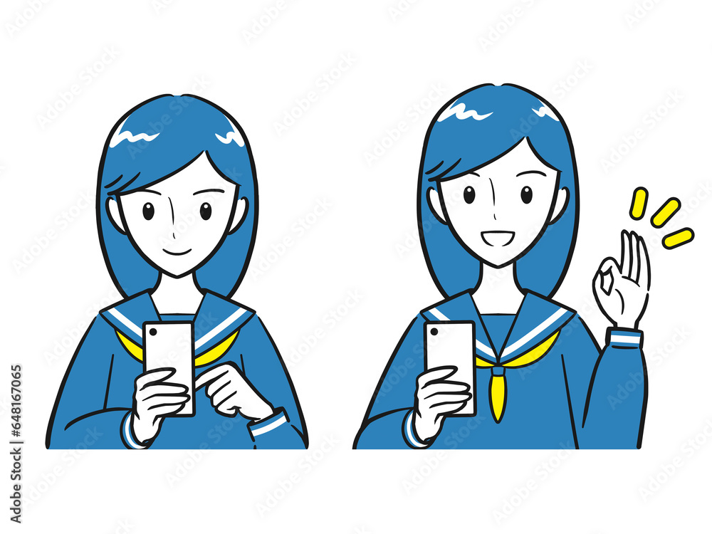 Naklejka premium スマホを操作する スマホを持ってOKサインをする 女子学生セット(シンプル)