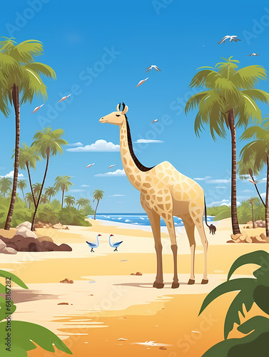 Giraffe Standing On A Beach With Palm Trees And Birds