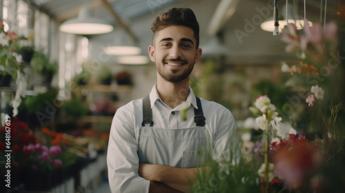 Botanical Expertise: A Handsome Young Male Florist Gardener Strikes a Pose in His Greenhouse, Proudly Nurturing His Small Flower Shop Business.