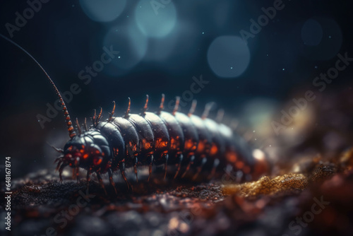 A macro shot of a centipede. A caterpillar crawling on the ground in the forest. Generative AI © barmaleeva