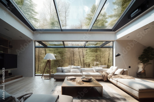 Cozy and modern living room with skylight. View of the forest outside. Generative AI