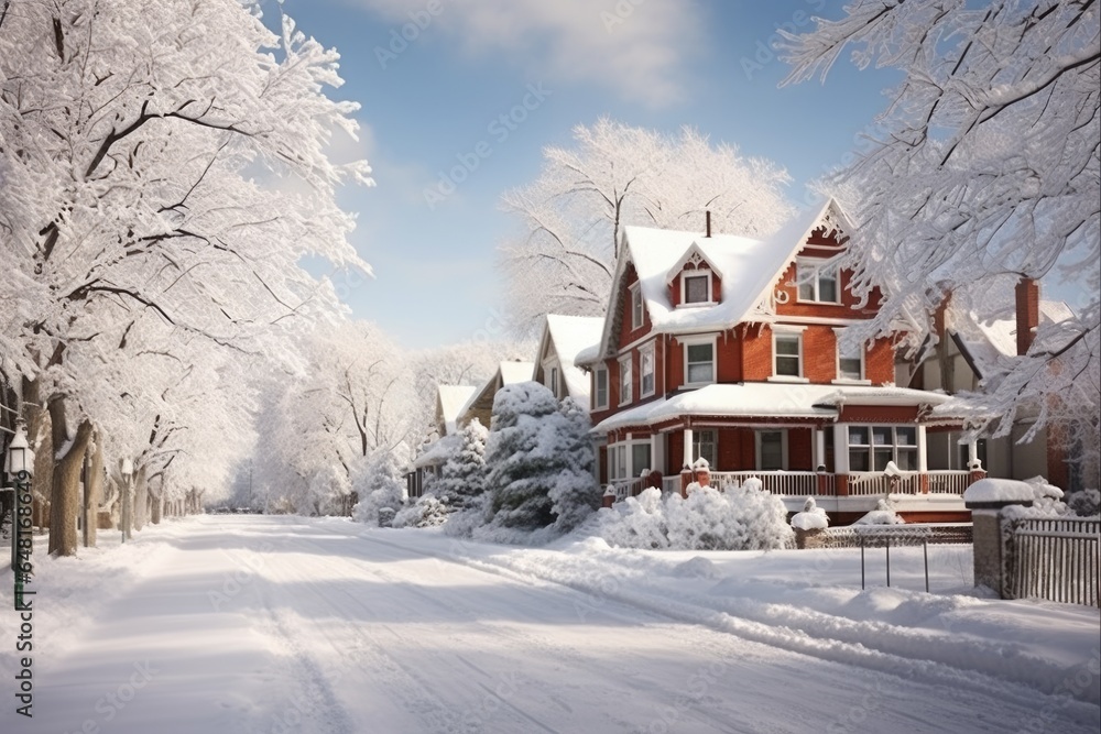 Winter Wonderland: Snow Covered Typical American House. Home Sweet Home in Architecture City with New Sky and Serene Street