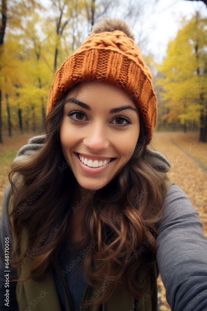 young hispanic woman taking an autumnal selfie on a forest hike young hispanic woman taking an autumnal selfie on a forest hike