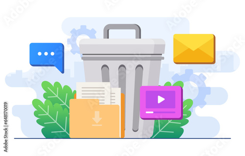 Delete concept flat illustration vector template, Deleting data and move unnecessary files to the trash bin, Clean digital memory, Delete documents in trash, Cleaning software