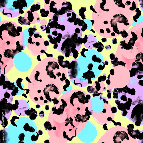 Watercolor seamless pattern with beautiful bright abstract elements and leopard spots. Colorful animalistic texture for any kind of a design. Contemporary art. Trendy modern style. 