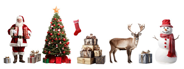 Christmas design elements collection isolated on transparent white background. Santa Claus, Christmas tree, gifts, reindeer, snowman and stocking