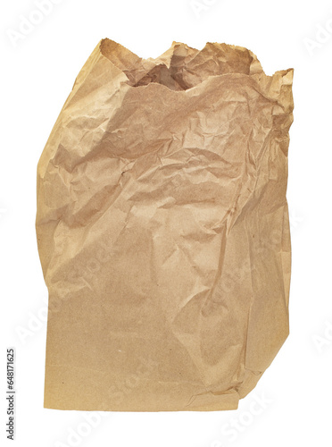 Old and wrinkled brown paper bag on white