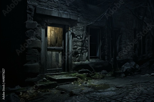 eerie dark door stone house night lights haunted public street. Generative AI © Fabian