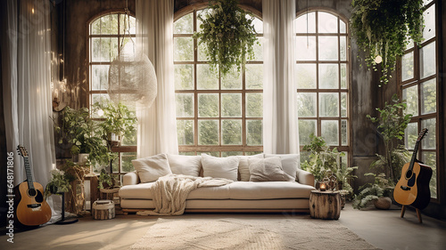 Białe wnętrze salonu pokoju z sofą firanami i kwiatami 