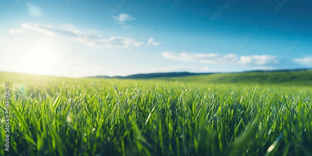 AI Generated. AI Generative. Green fresh grass field meadow with blue sky horizon background. Mock up inspirational wild outdoor nature. Beautiful chill relax countryside vibe. AI Generated. AI Generative. Green fresh grass field meadow with blue sky horizon background. Mock up inspirational wild outdoor nature. Beautiful chill relax countryside vibe.