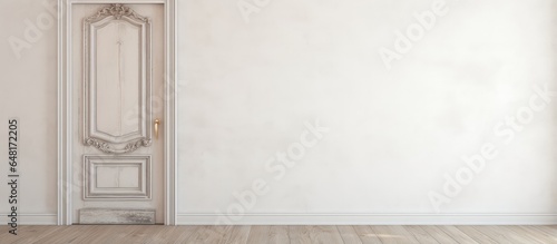 Retro style white wooden door with ornate handles in empty apartment