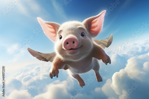 adorable cartoon pig soaring through the air. Generative AI