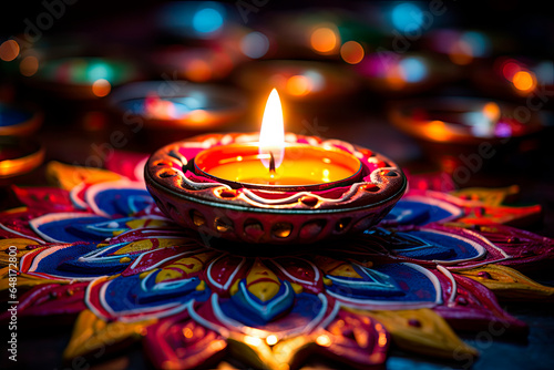 Traditional indian oil lamps for diwali festival on dark background. Traditional festival hindu © chandlervid85