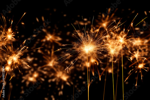 Festive burning sparkles or firework sparkles at New Year holiday party. Celebration close-up with gold colored illuminated Bengal light sticks on black background